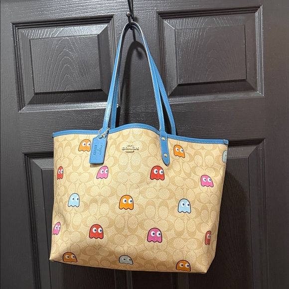 Coach Handbags - PAC-Man Coach Reversible Beige Tote with Blue Handles and Fun Accents